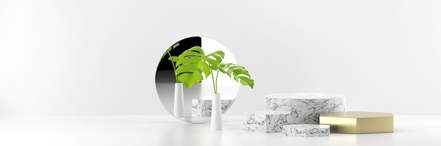 Podio de escenario de exhibición de producto de mármol con espejo y renderizado 3d de fondo de planta.