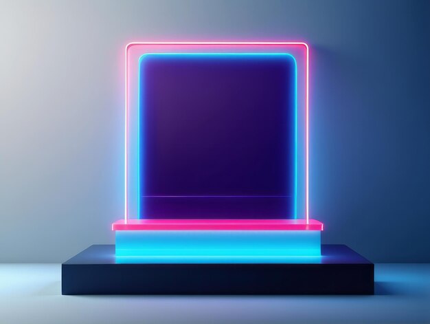 Podio de escenario futurista para la vitrina de productos con luz de neón azul y rosa sobre un fondo oscuro