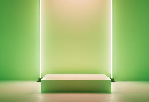 podio de escenario de lujo verde con fondo de luz led para la presentación de la exhibición de productos en renderización 3D