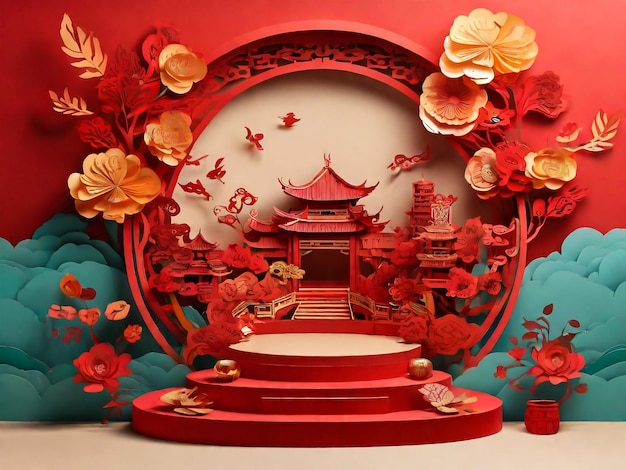 Podio escenario redondo podio y arte de papel año nuevo chinofestivales chinos Festival de mediados de otoño