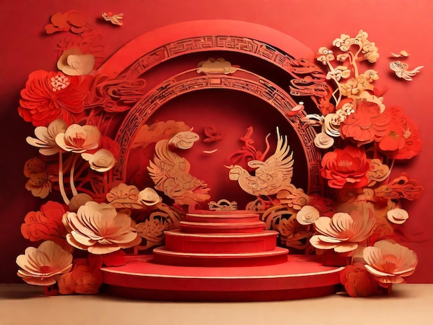 Podio escenario redondo podio y arte de papel año nuevo chinofestivales chinos Festival de mediados de otoño