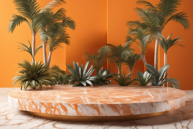 Foto podio de escenario sobre mármol de terrazo blanco y naranja con palmeras tropicales para el producto