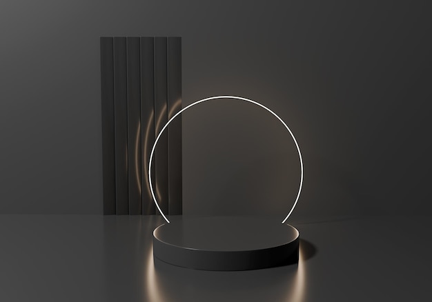Un podio está decorado con un círculo en un fondo negro a juego