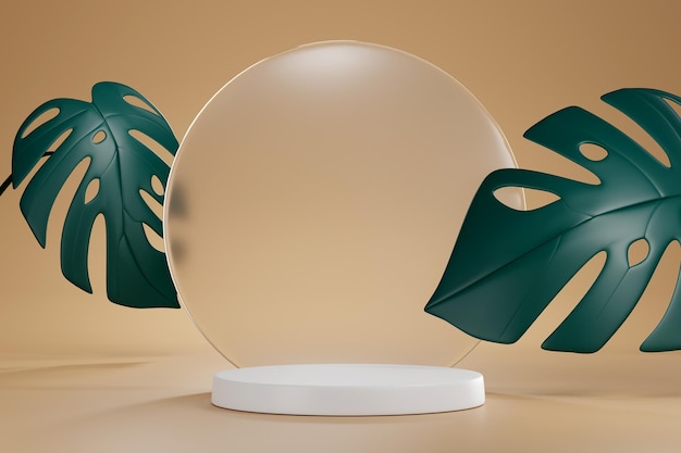 El podio está decorado con una palma cilíndrica de monstera sobre fondo beige ilustración 3d