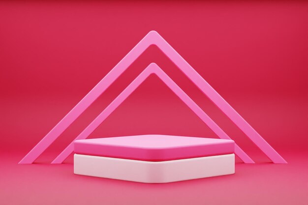 podio de exhibición cuadrado 3D apilado en rosa con líneas triangulares de fondo para la escena de presentación del producto