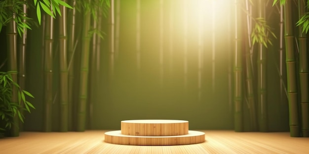 Foto podio de exhibición natural sobre fondo de bosque de bambú creado con tecnología de ia generativa