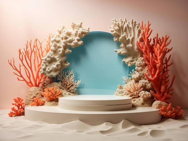 Podio para exhibición y presentación de productos Maqueta submarina de coral con arena.