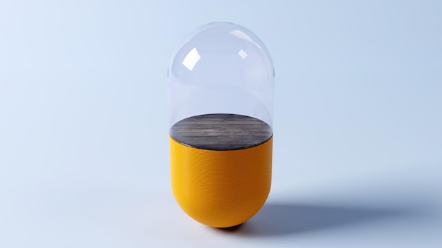 Podio de exhibición de producto en forma de píldora amarilla con tapa de vidrio y base de madera fondo azul 3d render