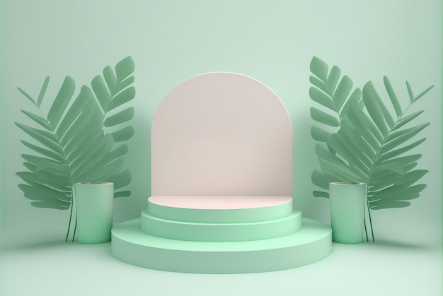 Podio de exhibición de productos 3d con hojas y fondo verde suave