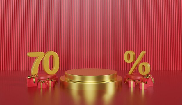 Podio de exhibición de productos 70 por ciento de descuento Feliz Navidad sobre fondo rojo