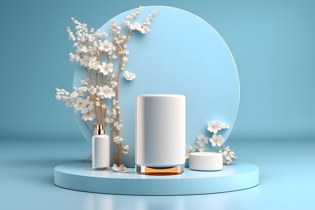 Podio de exhibición de productos blancos con reflejo de agua y flores de flor sobre fondo azul. renderizado 3D
