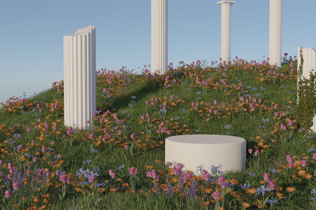 Podio de exhibición de productos cilíndricos vacíos con jardín de flores de primavera y pilar romano e ilustración de representación 3D de cielo azul claro