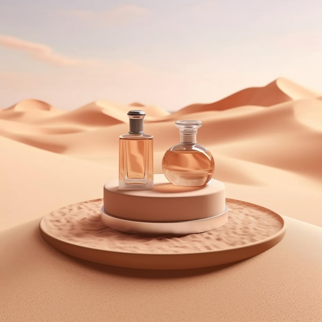 Podio de exhibición de productos cosméticos de verano sobre fondo de arena del desierto Escaparate de productos naturales y moda de perfumes IA generativa
