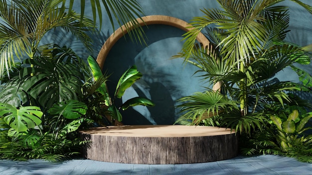 Podio de exhibición de productos decorado con hojas de palmeras tropicales sobre un fondo azul agua 3d renderizado