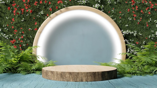 Podio de exhibición de productos decorado con hojas de palmeras tropicales sobre un fondo azul agua 3d renderizado