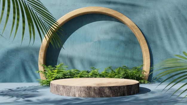 Podio de exhibición de productos decorado con hojas tropicales círculo de madera fondo azul representación 3d