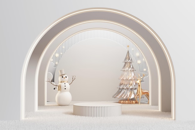 Podio de exhibición de productos de eventos de feliz Navidad con fondo de decoración renderizado 3d