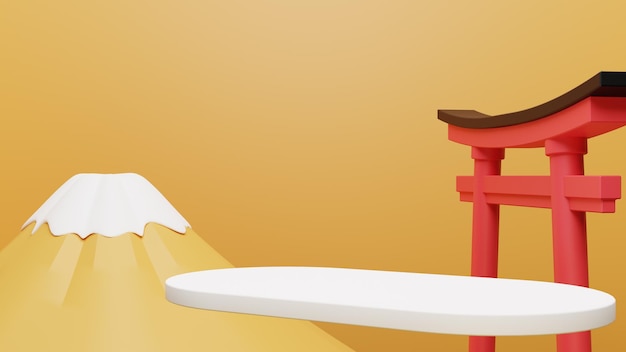 Podio de exhibición de productos en el fondo de estilo japonés con Mt Fuji torii y linterna 3D renderizado 3d ilustración
