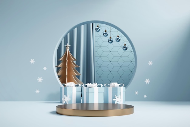 Podio de exhibición de productos de lujo de Navidad feliz con árbol de pino y decoración renderizado en 3D