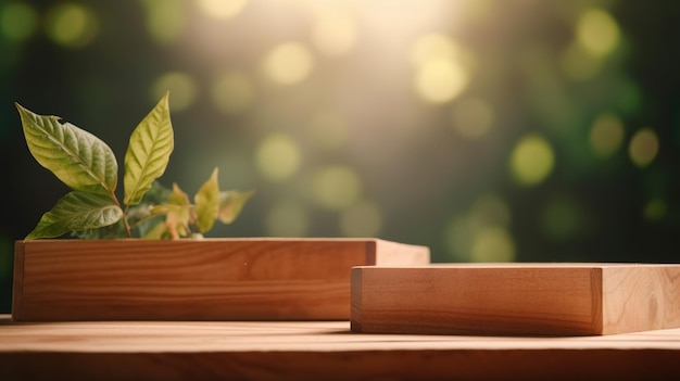 Podio de exhibición de productos de madera con fondo de hojas de naturaleza borrosa Ai generativo