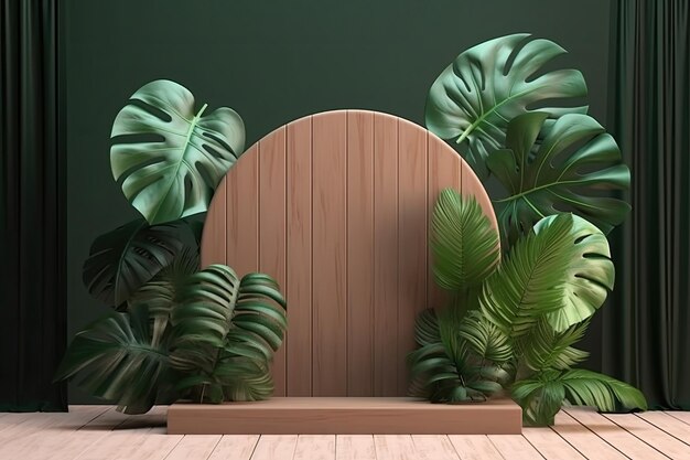 Podio de exhibición de productos de madera con hojas de naturaleza borrosa sobre fondo verde 3D rendering