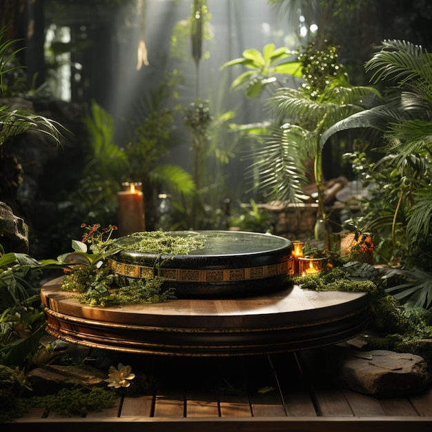 podio de exhibición de productos de madera en la jungla