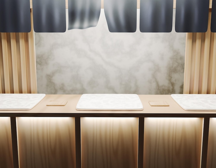 Foto podio de exhibición de productos o alimentos estilo restaurante japonés con fondo de mármol premium
