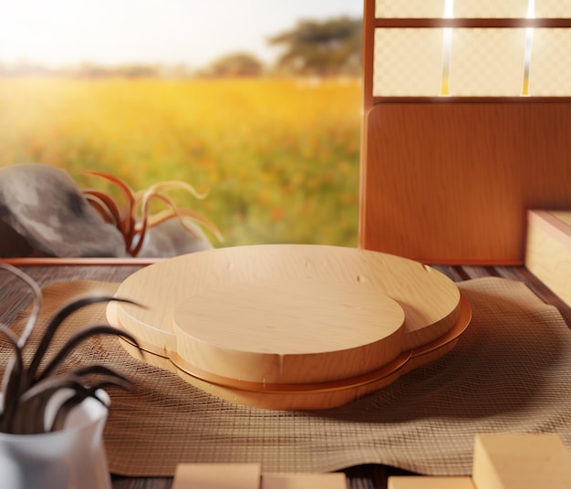 Podio de exhibición de productos o alimentos con mesa de madera sobre fondo de pradera Premium