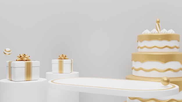 Podio de exhibición de productos con pastel de cumpleaños y caja de regalo Representación 3D Ilustración 3d