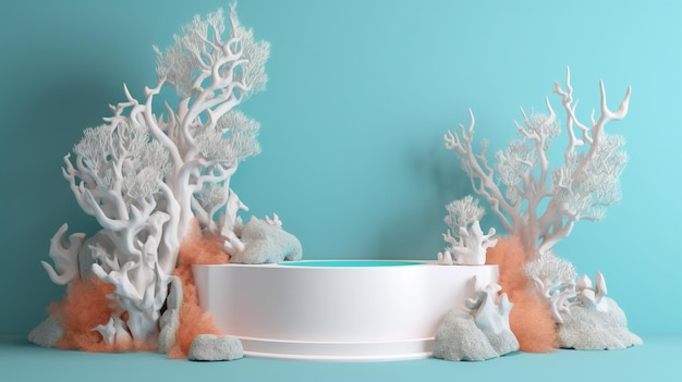 Podio de exhibición temático del océano decorado con arrecifes de coral Creado con tecnología de IA generativa
