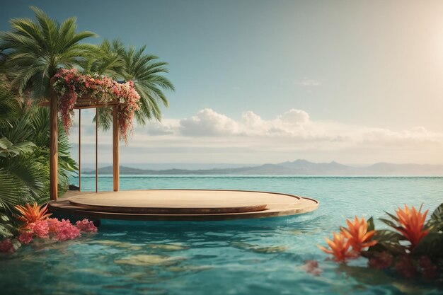 Podio de exhibición tropical sobre el agua con fondo plano 3d render