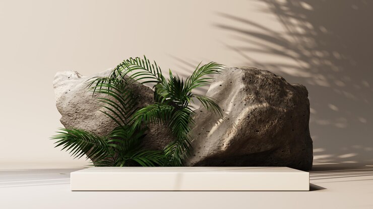 Podio de exposición sobre fondo pastel con hojas de palmeras tropicales para presentación 3D de productos premium