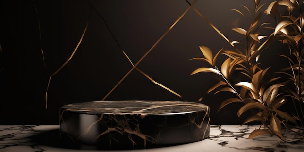 Pódio feito de mármore preto com pedestal dourado Cena publicitária Stand de produtos em branco IA generativa