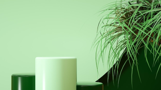 Podio en flores de color verde claro con plantas - 3D rendering