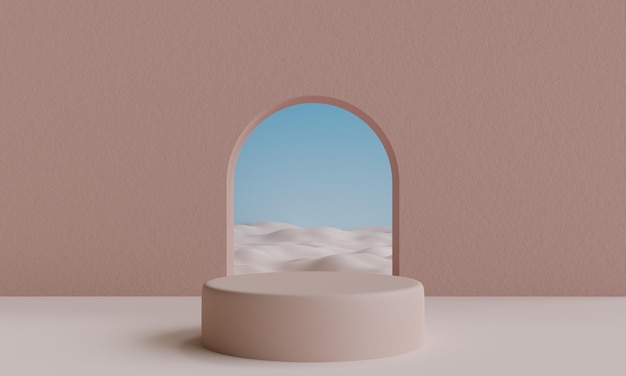 Podio con fondo de arena para la presentación del producto Pedestal de belleza natural tono tierra color concepto de relajación ilustración 3d