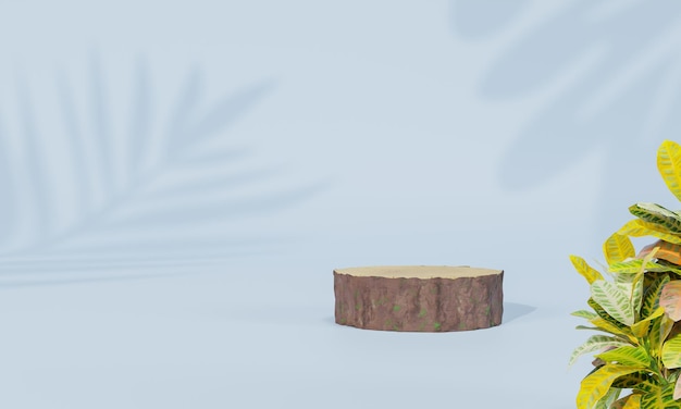 Podio con fondo colorido pastel y soporte de árbol u hoja o pedestal de podio en exhibición publicitaria con telones de fondo en blanco representación 3D
