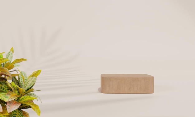 Podio con fondo colorido pastel y soporte de árbol u hoja o pedestal de podio en exhibición publicitaria con telones de fondo en blanco representación 3D
