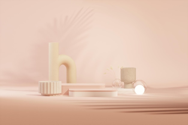 Podio y fondo cosmético abstracto para florero de cristal y luces esféricas 3d render