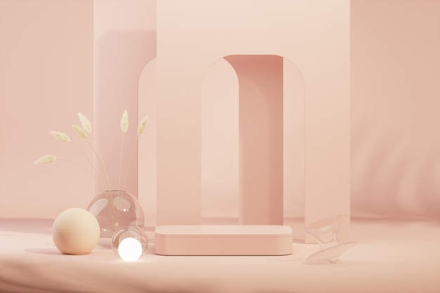 Podio y fondo cosmético abstracto para jarrón de vidrio de flores secas y luces esféricas 3d render