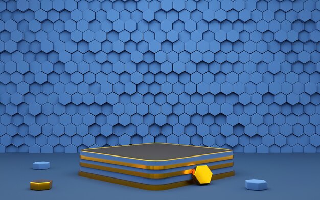 Foto podio de fondo de forma geométrica hexagonal de lujo azul y oro para presentación de producto representación 3d
