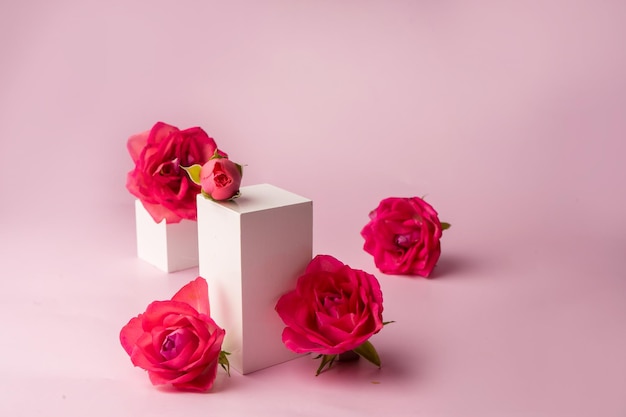 Foto podio para el fondo de la foto del producto con rosas, objetos geométricos y flores.