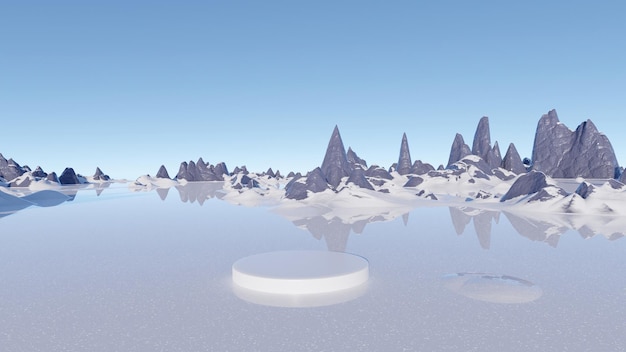 Podio en el fondo de un hermoso paisaje nevado. procesamiento 3D.