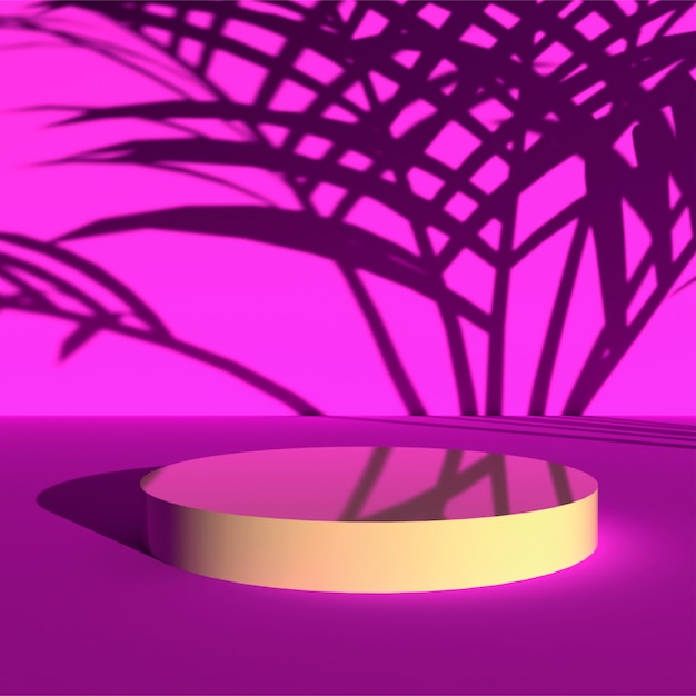 Podio de fondo y pedestal rosa escena, fondo de escena mínima representación 3d con sombra de palma