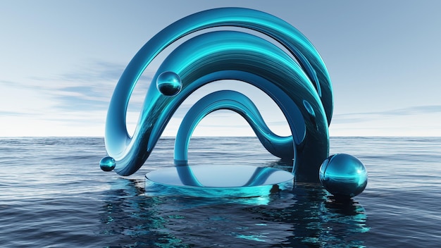 Podio con forma abstracta y color metálico sobre el mar 3D Render