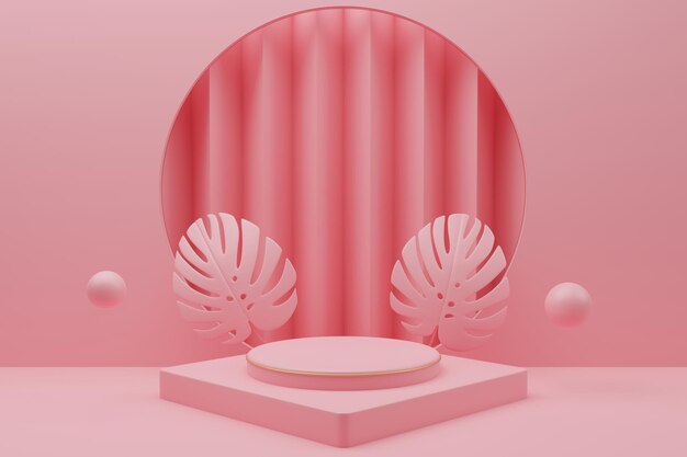 podio de forma geométrica abstracta para exhibición de productos con hoja de monstera sobre fondo rosa 3d renderi