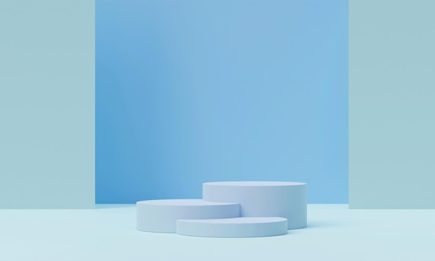 Podio de formas geométricas para exhibición de productos sobre fondo azul ilustración de representación 3d