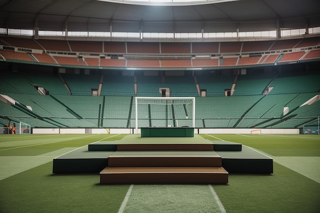 Podio de fútbol en el césped dentro del estadio de fútbol