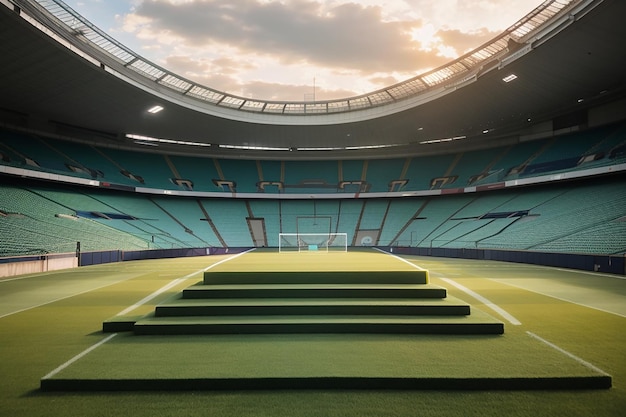 Podio de fútbol en el césped dentro del estadio de fútbol