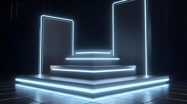 Podio futurista plateado con paneles de neón para la presentación del producto.