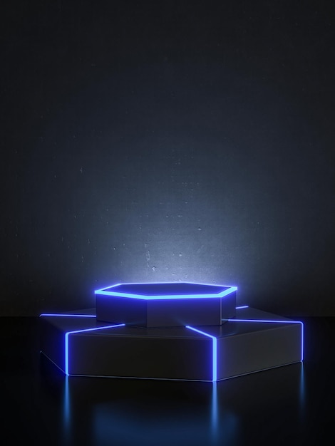 Pódio futurista preto com fundo de luz de néon azul